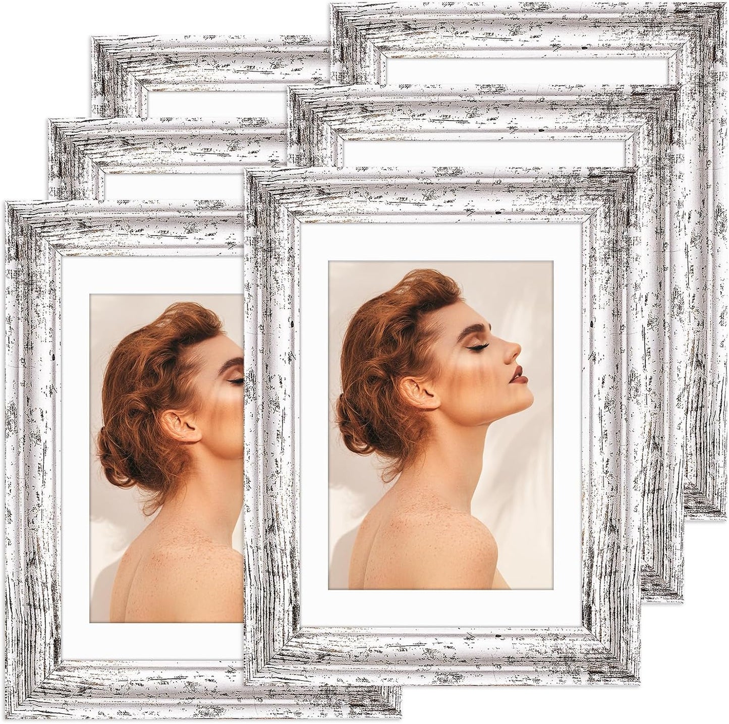 TWING 5x7 Picture Frames Set of 6,Display Pictures 4x6 with Mat or 5x7 Without Mat,Rustic Picture Frames Collage Photo Frame for Tabletop and Wall Mounting,Rustic White,Wave Texture