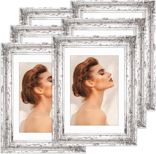 TWING 5x7 Picture Frames Set of 6,Display Pictures 4x6 with Mat or 5x7 Without Mat,Rustic Picture Frames Collage Photo Frame for Tabletop and Wall Mounting,Rustic White,Wave Texture