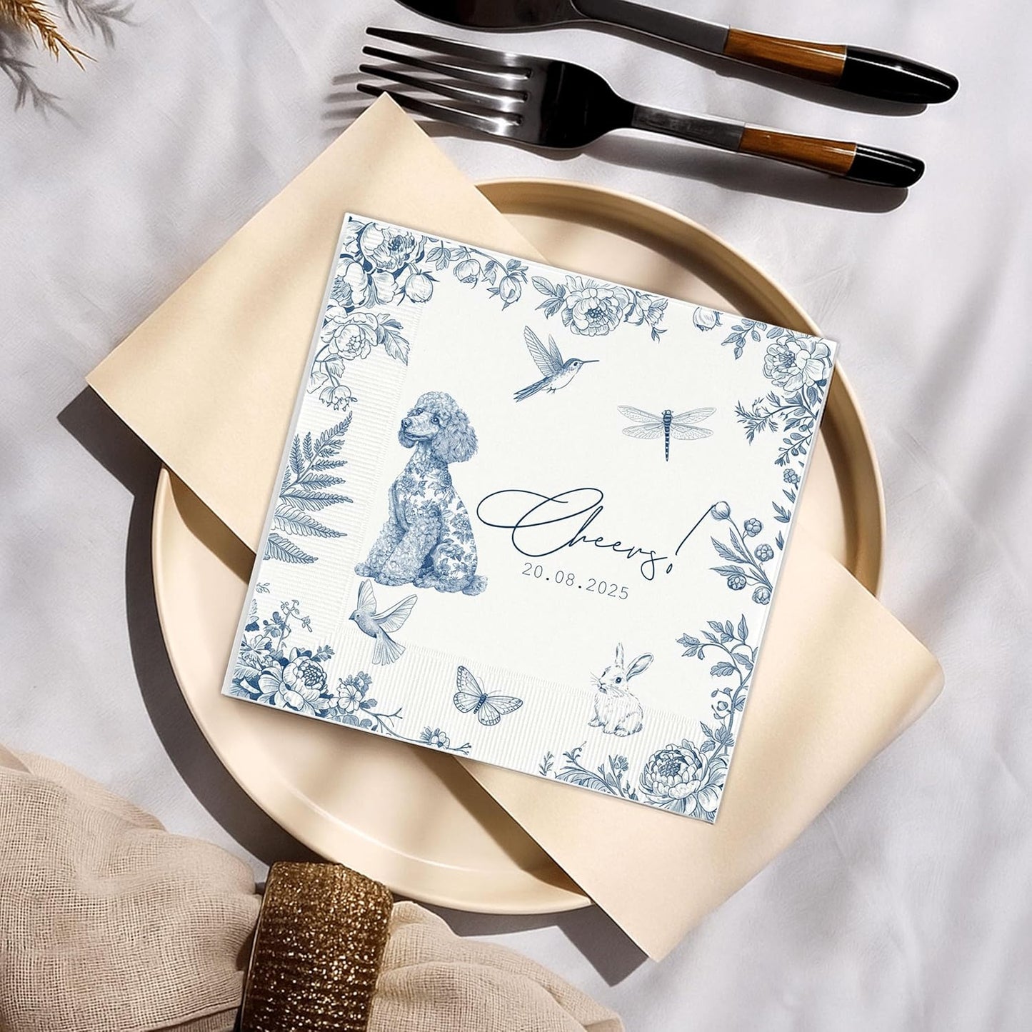 Luxury Personalized Dog Wedding Napkins, Custom Wedding Cocktail Napkin, Blue Floral Cocktail Napkins, Blue and White Flower Paper for Bridal, Engagement Party, Bridal Shower