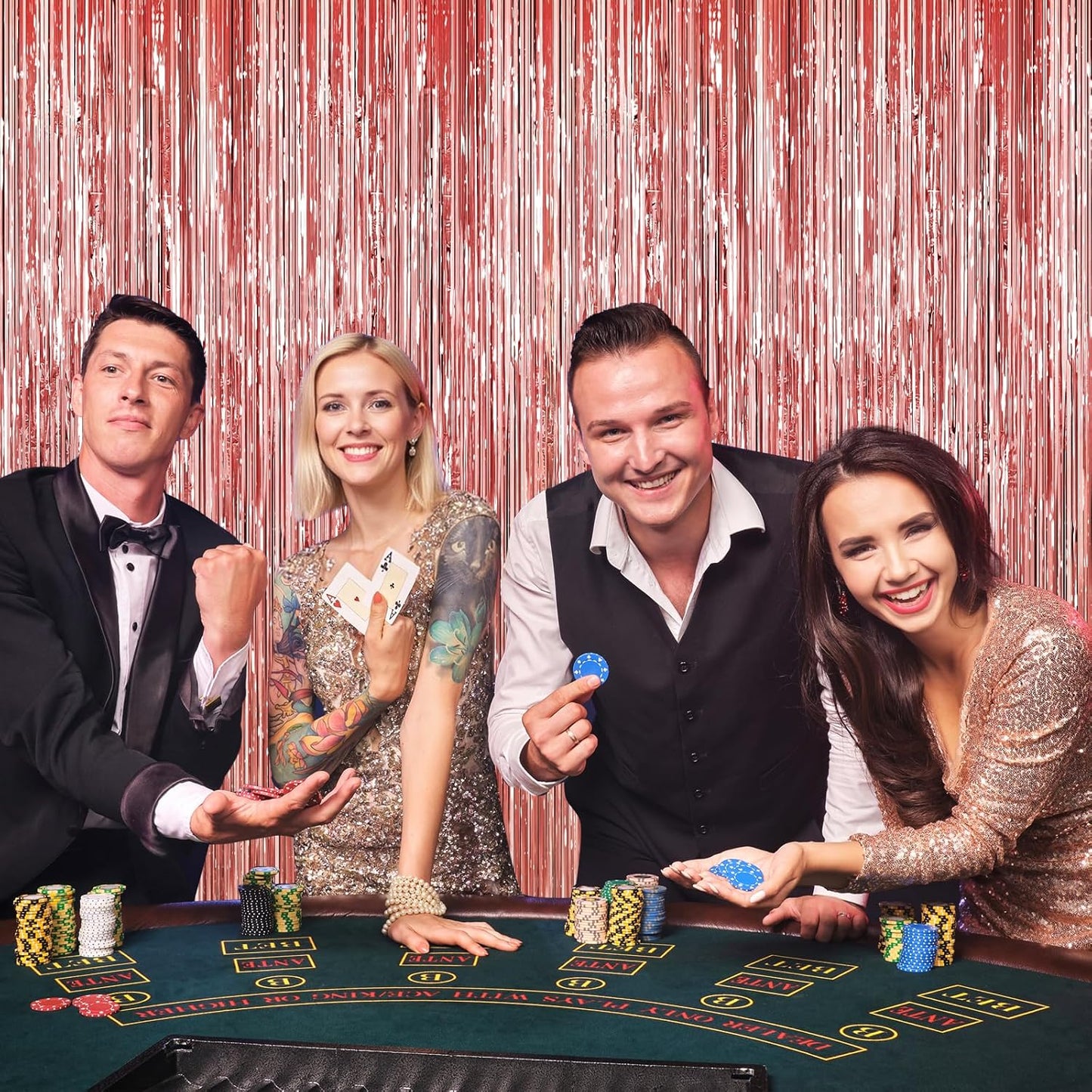 Rose Gold Tinsel Backdrop Birthday Decorations, 2Pack Foil Curtains Metallic Photo Backdrop Foil Fringe Curtains, Party Streamers Supplies for Wedding Xmas Graduation Bachelorette Disco Door Decors