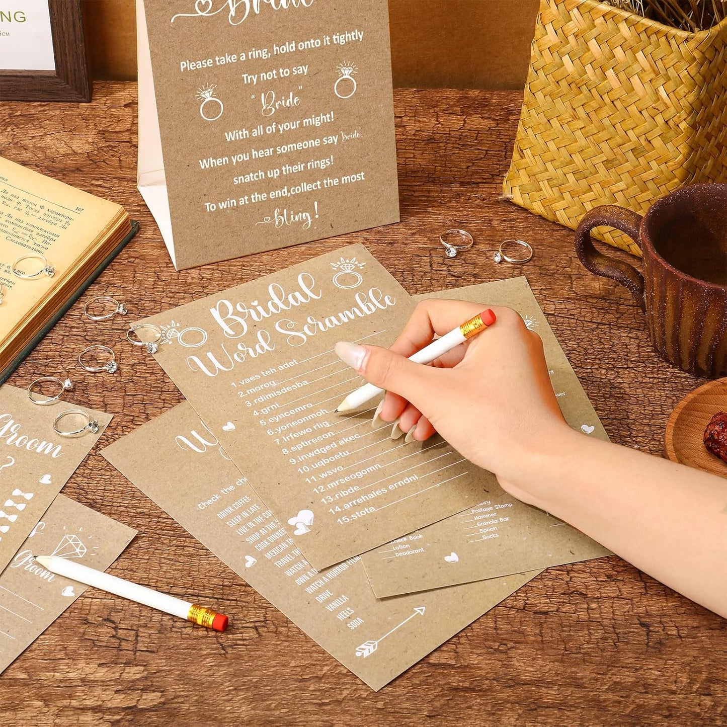 Estune 331 Pcs Bridal Shower Games Supplies, 5 Sets 250 Pcs Wedding Cards 1 Put a Ring on It Bridal Shower Games with 60 Rings and 20 Pencils(Rustic Kraft)