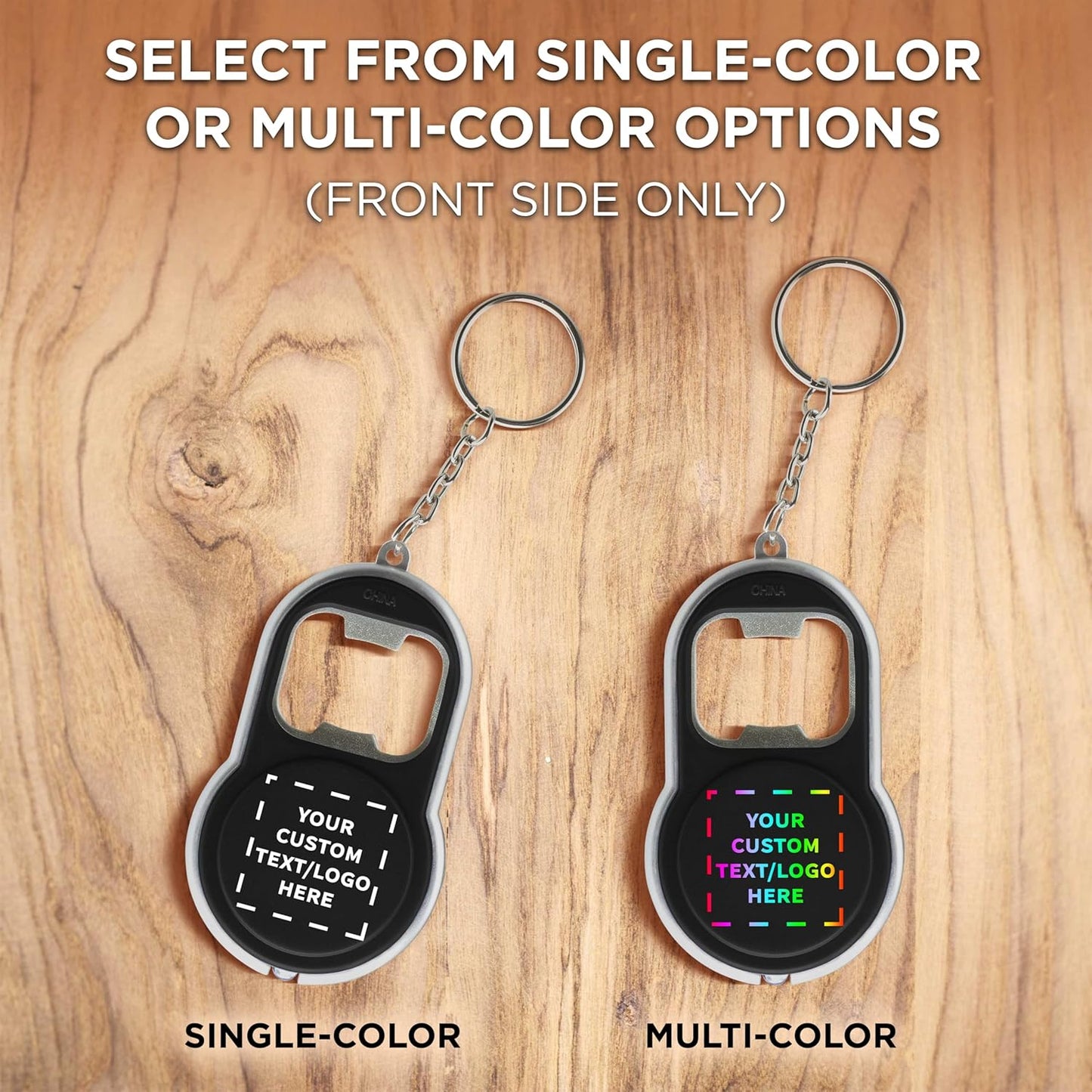 DISCOUNT PROMOS Custom Bottle Opener & LED Keychains Set of 50, Personalized Bulk Pack - Perfect for Tradeshows, Party Favors, Other Events - Black