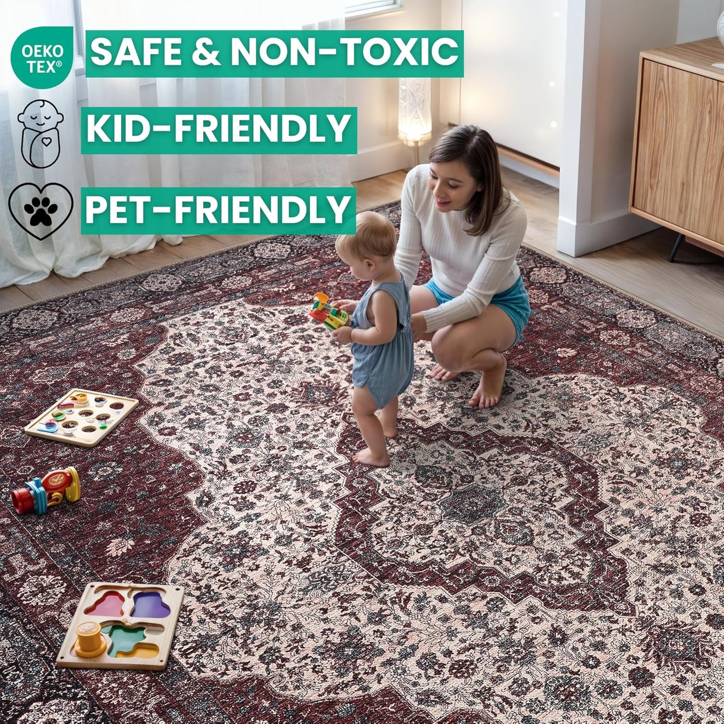 Bloom Rugs Washable Non-Slip 8' x 10' Rug - Red/Green/Cream Traditional Medallion Area Rug for Living Room, Bedroom, Dining Room, and Kitchen - Exact Size: 8' x 10'