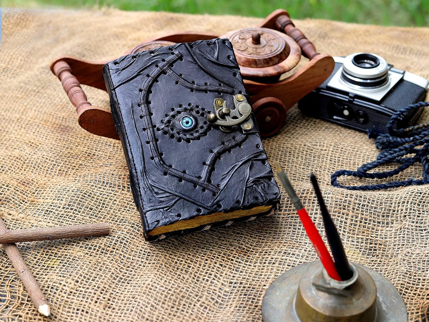 cuero Vintage Hocus Pocus Book of Spells Leather Journal Evil Eye Diary Girmoire Spell Book Prop Gifts (7" BLACK)