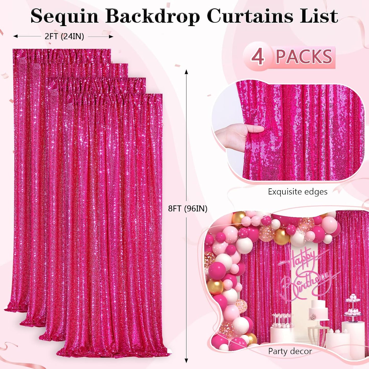 Fuchsia Sequin Backdrop Drapes 4 Panels 2FTx8FT Glitter Backdrop Curtains for Wedding Party Stage Decorations