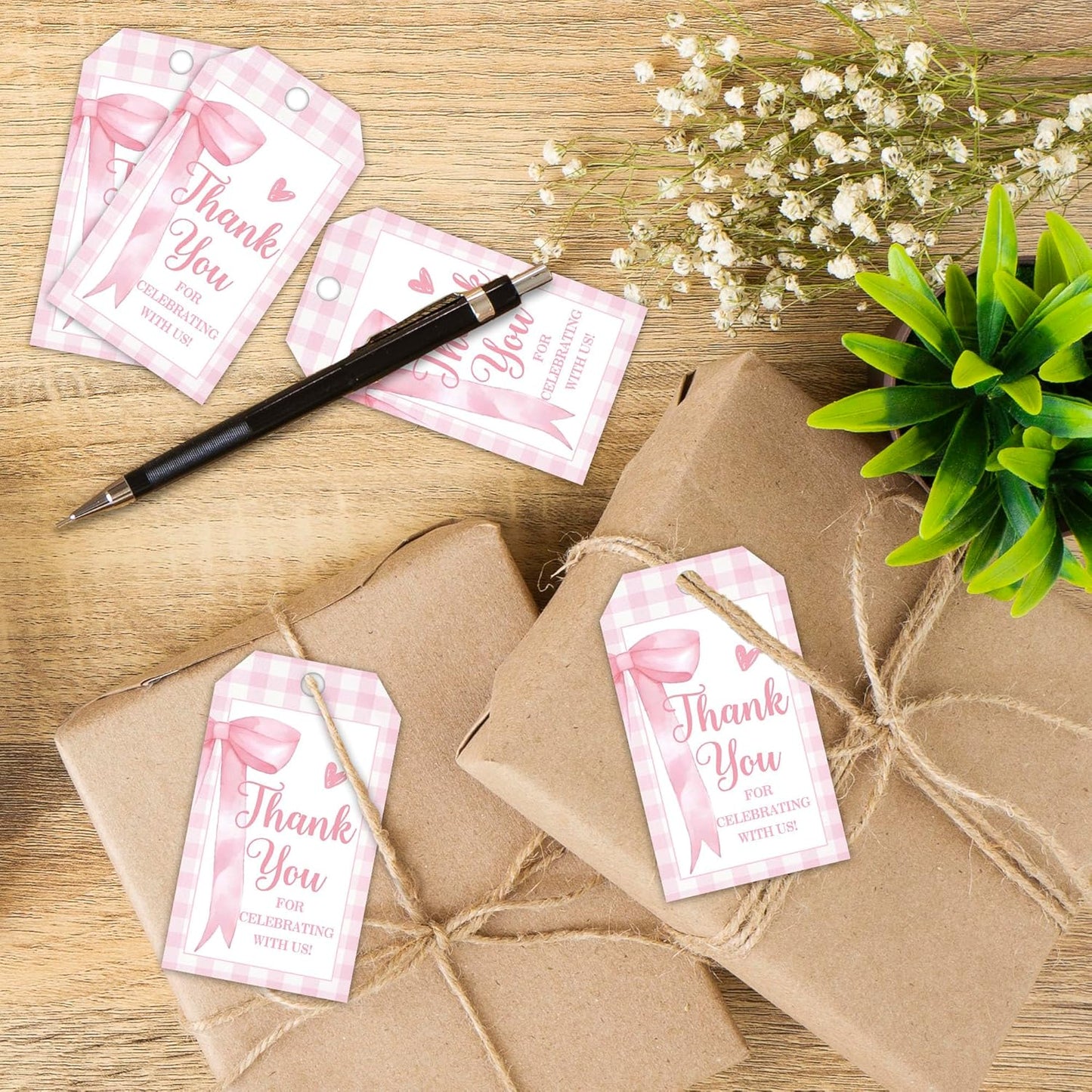 Pink Bow Gift Tags, 50Pcs Thank You Label with String, Thank You for Celebrating with Us Tag, Paper Personalized Design Gift Labels for Wrapping Party Favor-A13