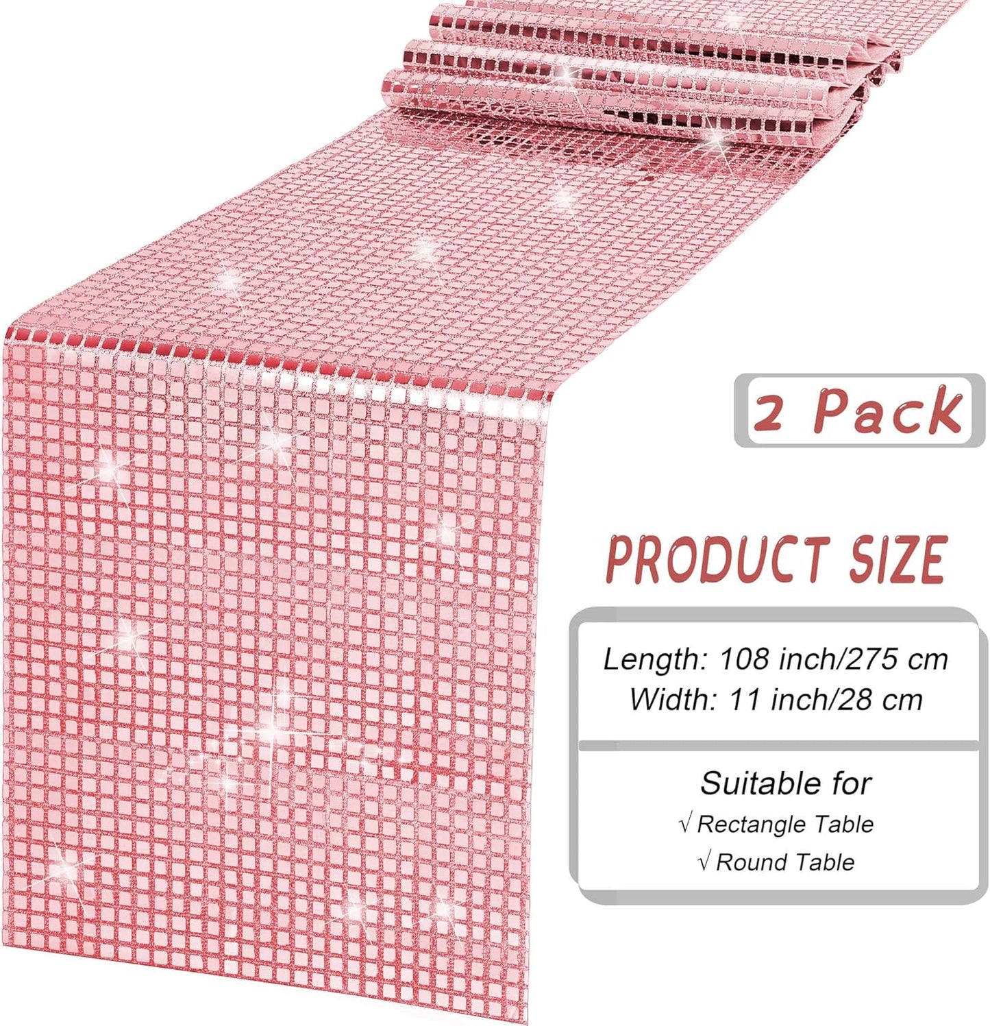 Durony 2 Pack Disco Table Runner 11 x 108 Inch Mirror Rose Gold Glitter Foil With Sparkle Sequin for Bachelorette, 70s, Cowgirl Party Decorations