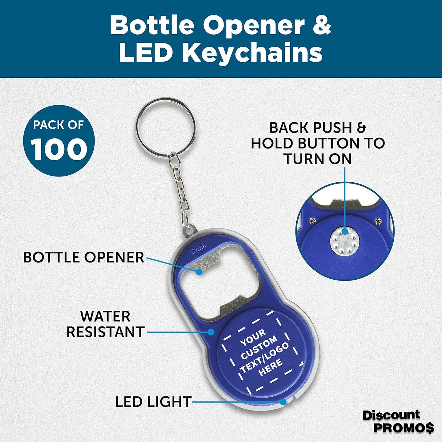DISCOUNT PROMOS Custom Bottle Opener & LED Keychains Set of 100, Personalized Bulk Pack - Perfect for Tradeshows, Party Favors, Other Events - Blue