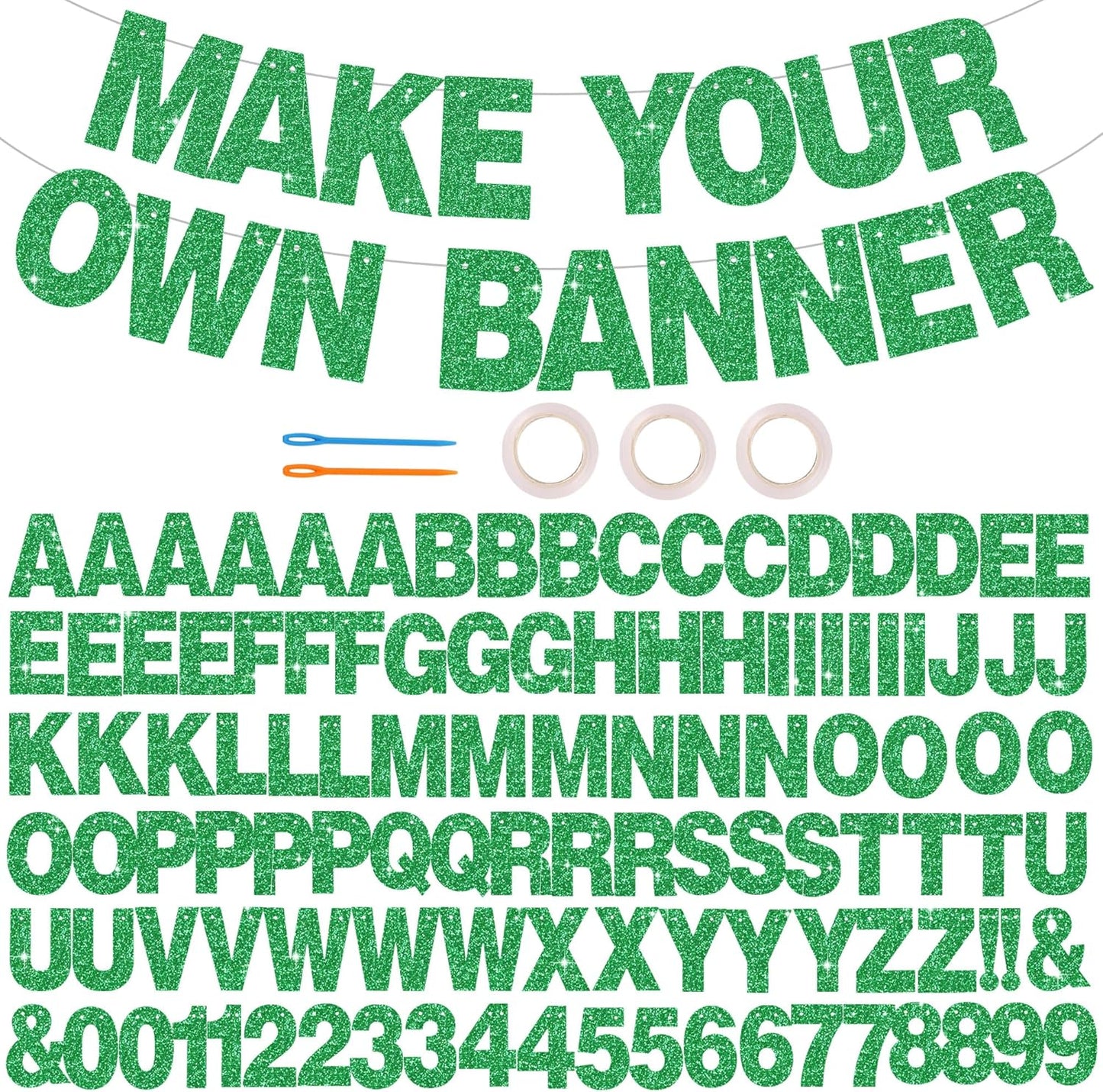 BEISHIDA 116 PCS A-Z Glitter Green DIY Letter Banner Kit Make Your Own Banner，Including 111 Letters and Numbers 3 Rope and 2 Threading Device,Customized for Birthday Graduation Wedding Party Decor