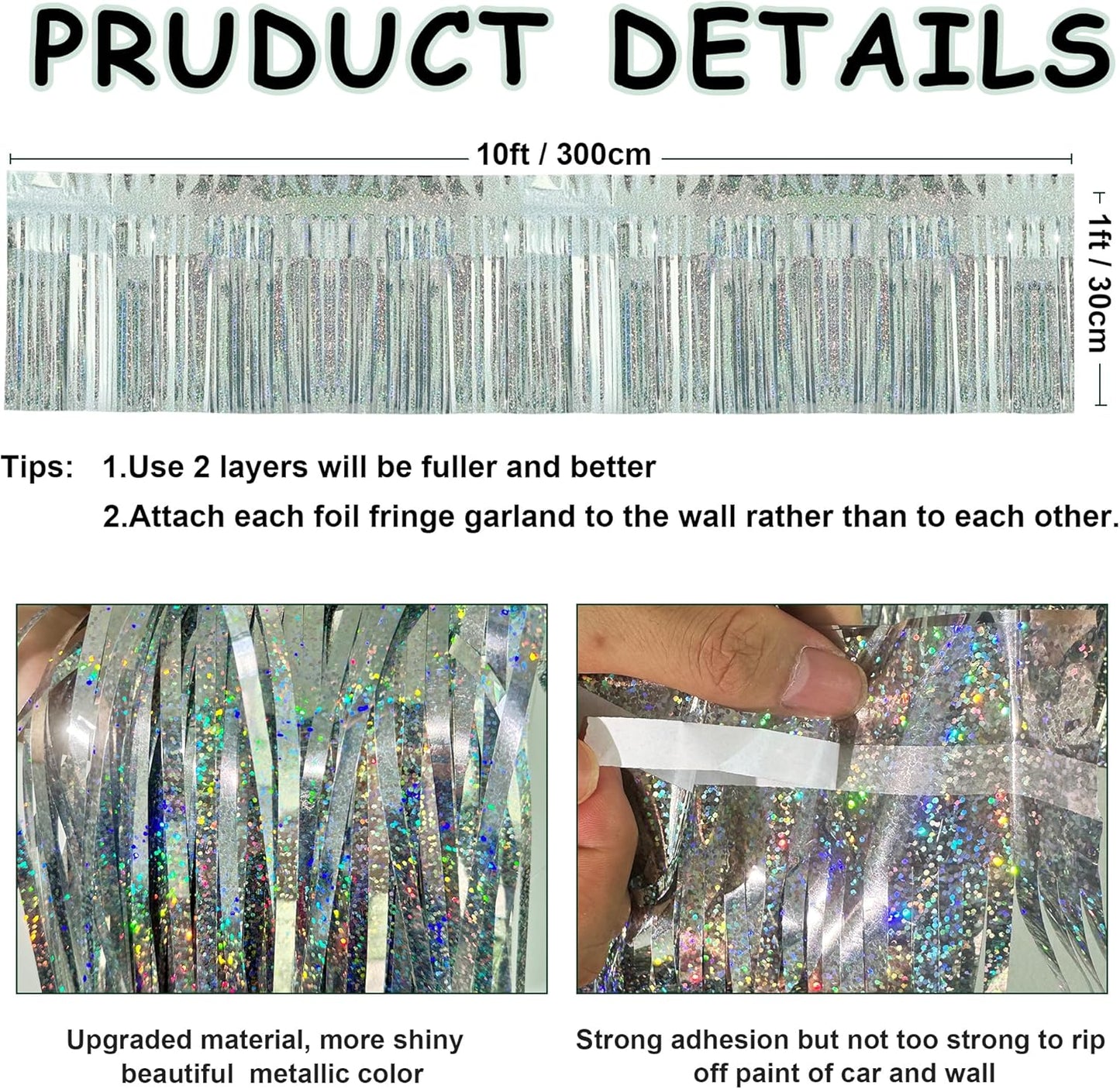 4 Pack Each 10 Feet Glitter Silver Parade Float Decorations for Trailer Car, Glitter Foil Fringe Metallic Tinsel Streamers Banner Garland for Graduation Weeding Homecoming Birthday(Glitter-Silver)