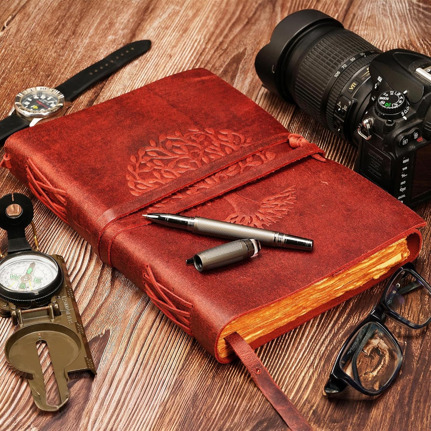 LUXEORIA Tree Of Life Leather Journal for Women and Men, Handcrafted Leather Journal for Writing Womens, Sketchbook, Travel Diary with Unlined Deckle Paper, Wine Red 7x10