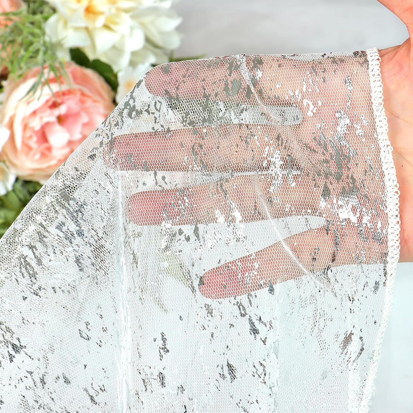 LOMOHOO 10 Ft Silver Table Runner, Silver Sheer Sequin Table Runners 120 Inches Long Glitter Metallic Foil Lace Fabric Table Decor for Birthday Party Wedding Anniversary Centerpiece (4pcs)