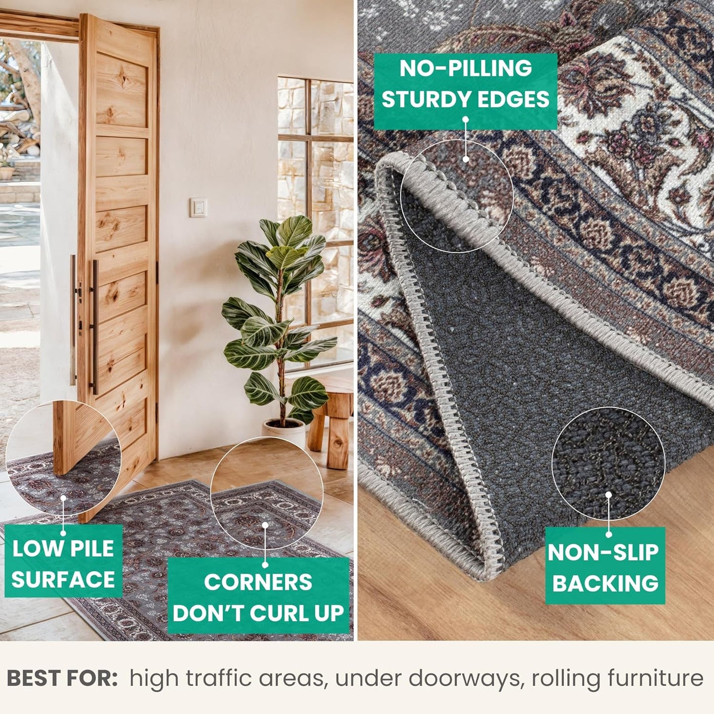 Bloom Rugs Washable Non-Slip 7 ft Runner - Slate Gray Traditional Oriental Runner for Entryway, Hallway, Bathroom, and Kitchen - Exact Size: 2.5' x 7'