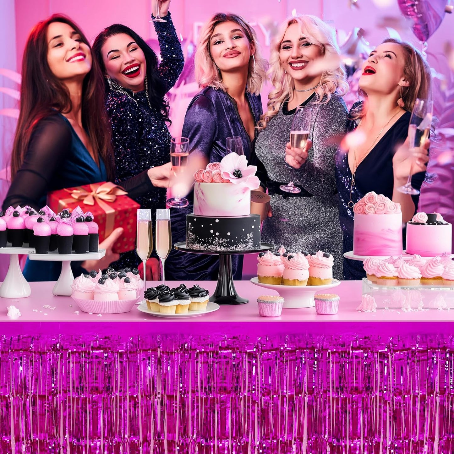 2 Pack Rose Red Table Skirts, 29x108" Metallic Foil Tinsel Fringe Table Skirts for Rectangle Tables Streamer Curtains Backdrop, Party Decorations for Birthdays Weddings Holidays