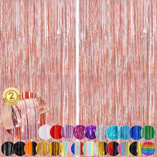 Rose Gold Foil Party Streamers 2 Pack Metallic Tinsel Fringe Curtain 3.3X 8.3ft Streamer Curtains Anniversary Thanksgiving Christmas Party Photo Booth Tinsel Curtain Streamers for Parties Decoration