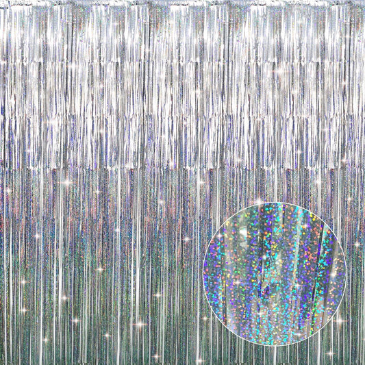 GOER 3.2 ft x 8.2 ft Metallic Tinsel Foil Fringe Curtains Party Photo Backdrop Party Streamers for Birthday,Graduation,New Year Eve Decorations Wedding Decor (1 Pack, Shiny Silver)