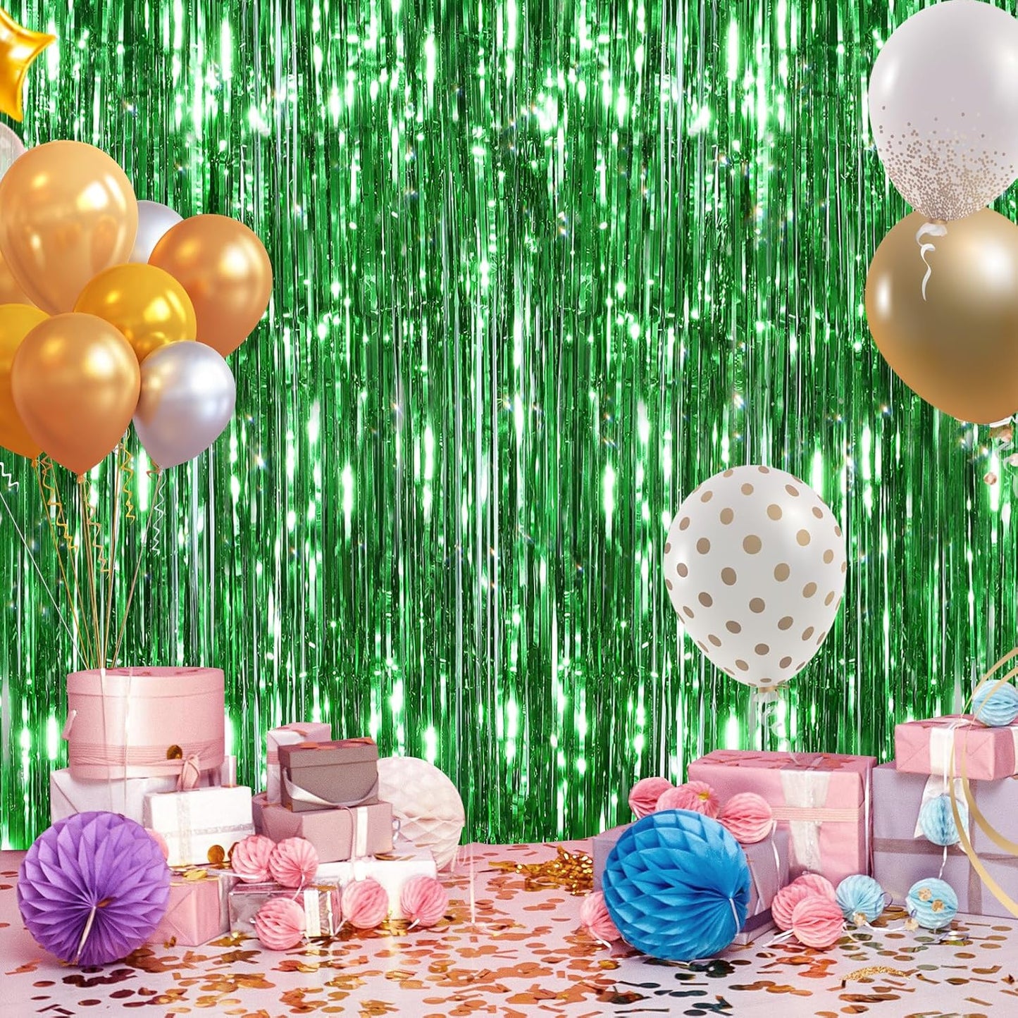 2 Pack Green Streamers Backdrop Jungle Party Decorations Green Foil Fringe Backdrop Curtains Photo Booth Backdrop for Birthday Dinosaur Animal St Patrick's Day Football Xmas Graduation Party Decors