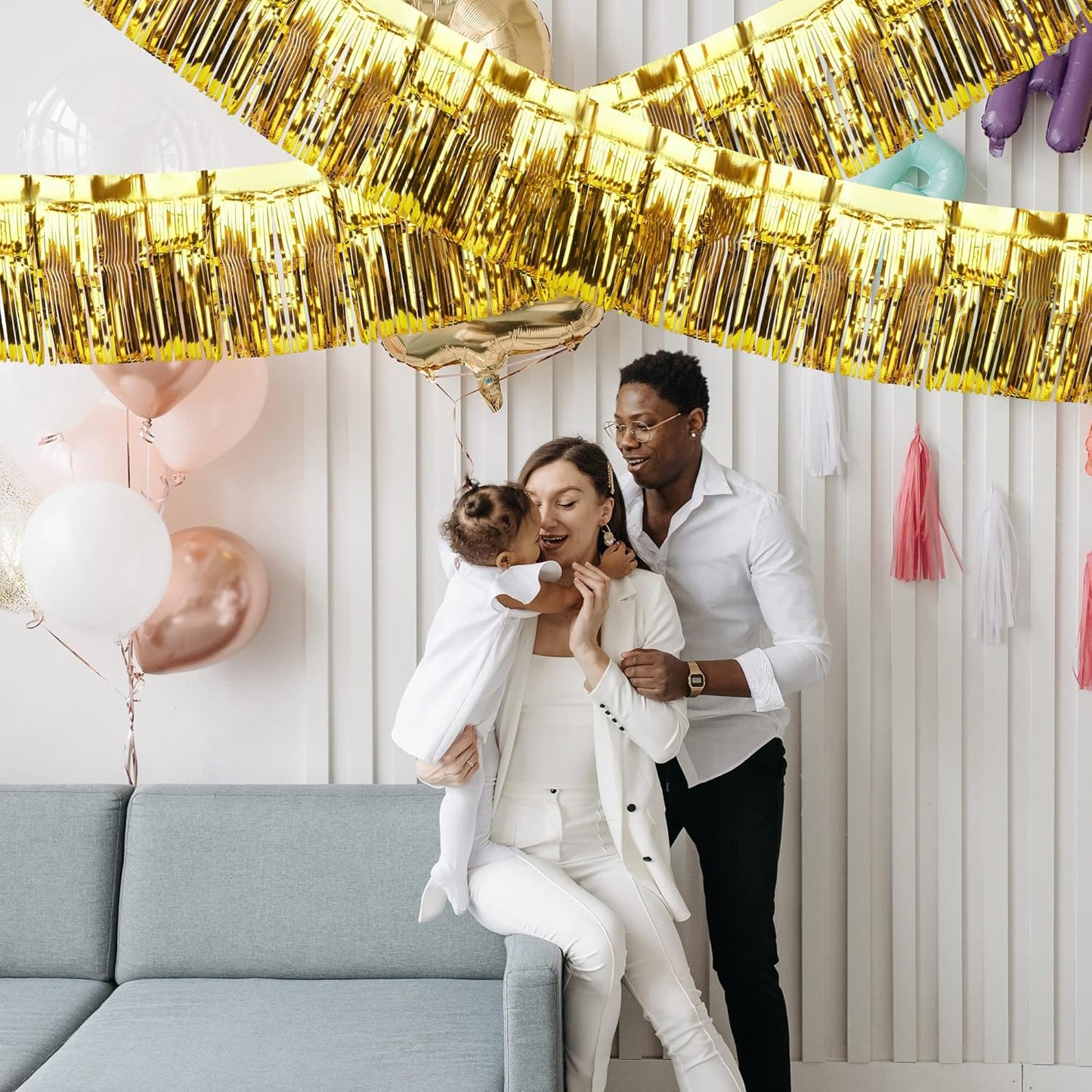 4 Pack Iridescent Float Fringe Curtains, Metallic Foil Fringe Garland Shiny Tassel Foil Float Parade Float Decorations for Trailer Car Graduation Homecoming Outdoor Indoor Party (Gold)