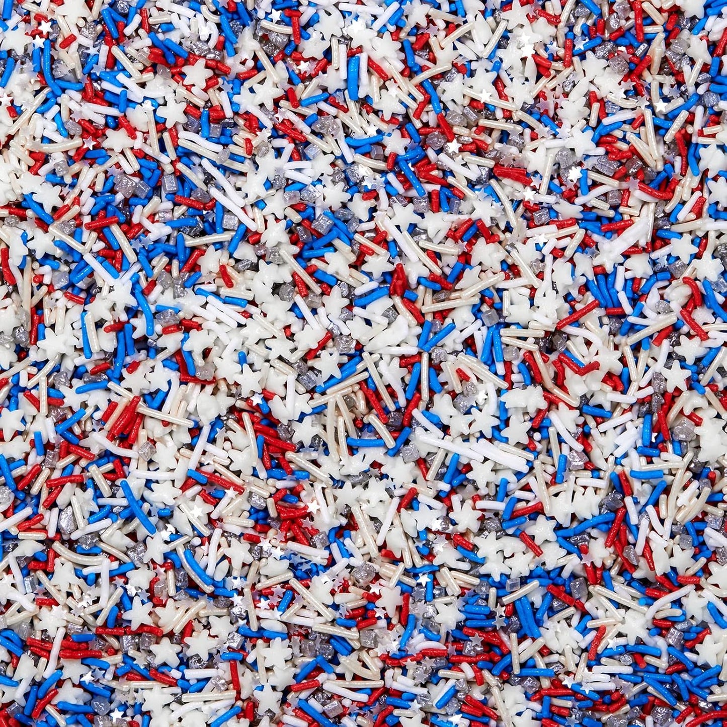 Fancy Sprinkles Superheroes, Assemble! Crunchy Jimmies, Sugar Nuggets, Mini Edible Glitter Stars, And Hexagons In Metallic Silver, Red, White, And Blue (0.25c)