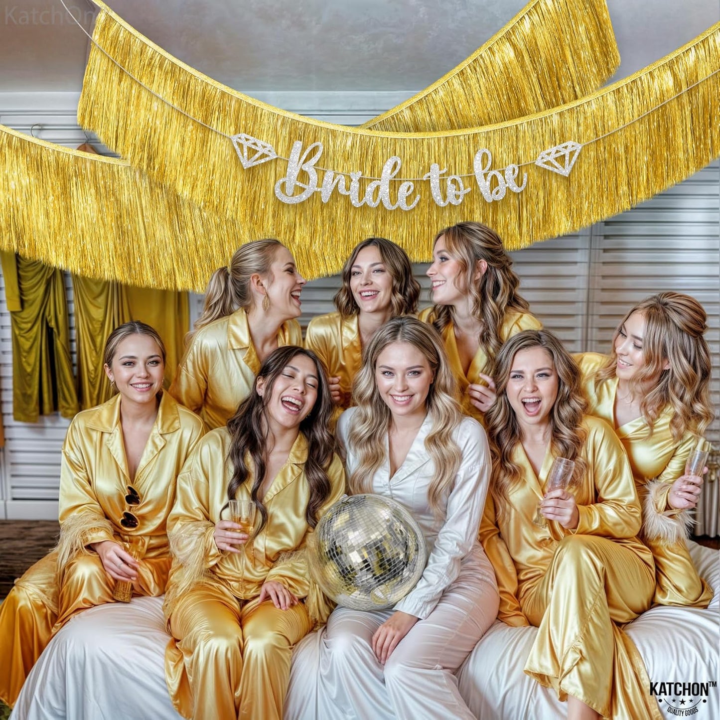 KatchOn, Pack of 2 Gold Fringe Garland - Gold Tinsel Banner for Birthday Party Decorations, Bridal Shower | Golden Foil Curtains for Golden Party Decor, Wedding, New Years Decorations