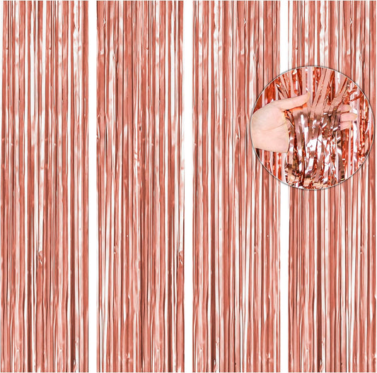 BTSD-home 4 Pack Rose Gold Foil Fringe Curtain, Metallic Photo Booth Backdrop Tinsel Door Curtains for Wedding Birthday Bridal Shower Baby Shower Bachelorette Christmas Party Decorations(3ft x 8ft)