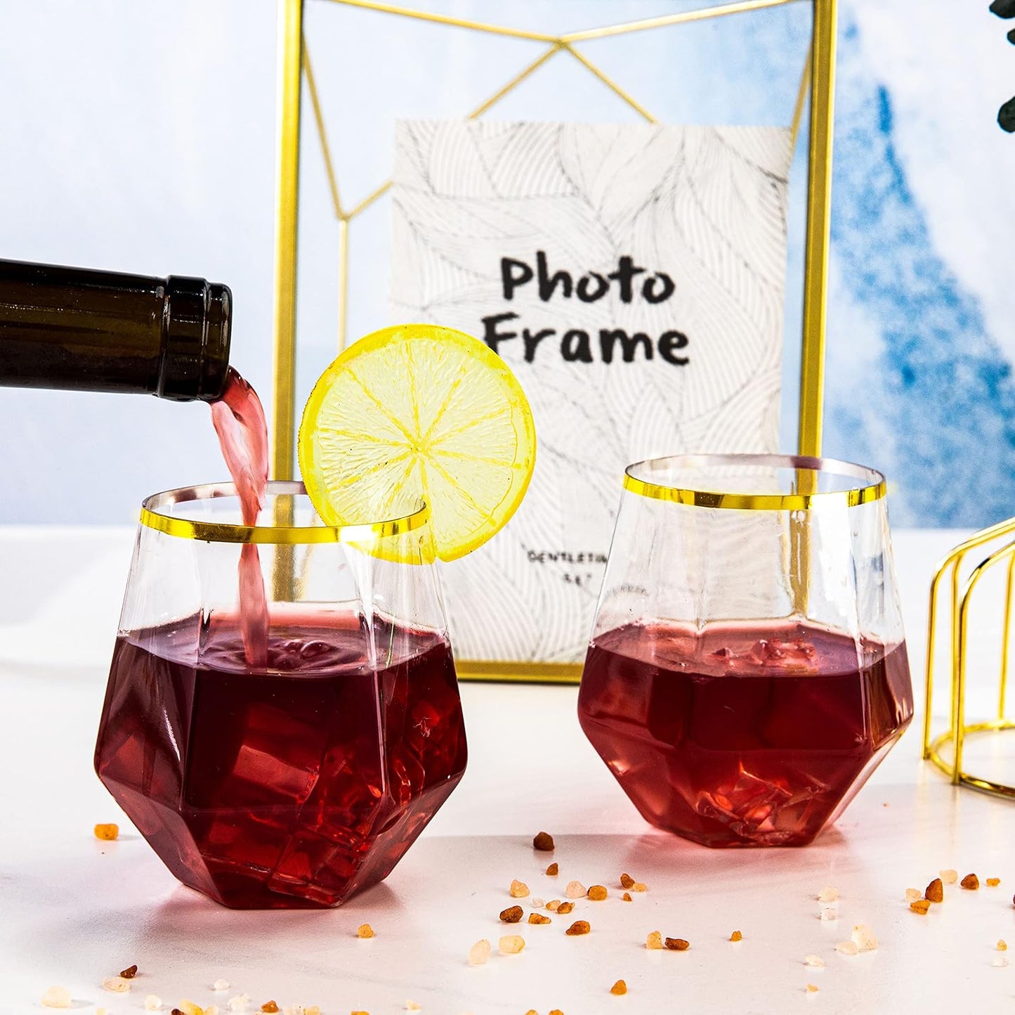 LUODA 32 Pack Gold Plastic Stemless Wine Glasses, 12 Oz Disposable Diamond Shaped Wine Glasses, Clear Plastic Whiskey Glasses with Gold Rim For Serving White Wine