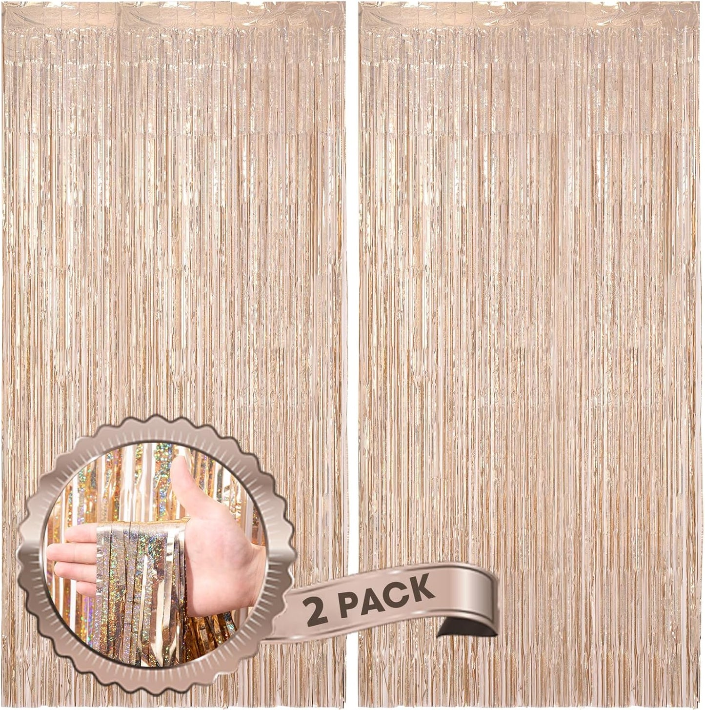 2 Pack Laser Champagne Foil Fringe Backdrop Curtains, Tinsel Streamers Birthday Party Decorations, Fringe Backdrop for Graduation, Baby Shower, Gender Reveal, Disco Party