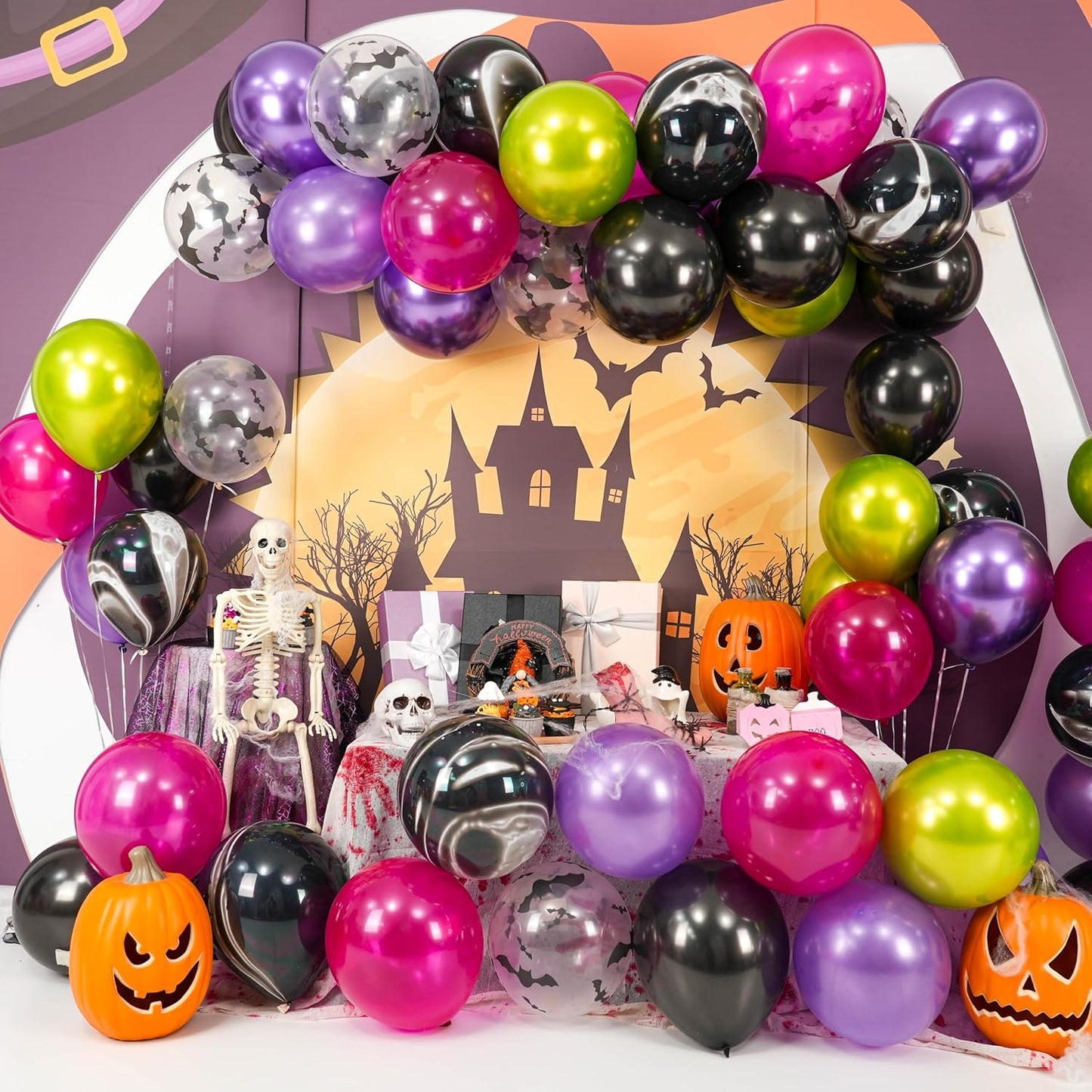 Paready Black Purple Pink Halloween Balloons, 60 Pcs Hot Pink Black Green Party Balloons, Metallic Green Purple Balloon Bat Printed Agate Balloon for Halloween Birthday Home Garden Party Decoration