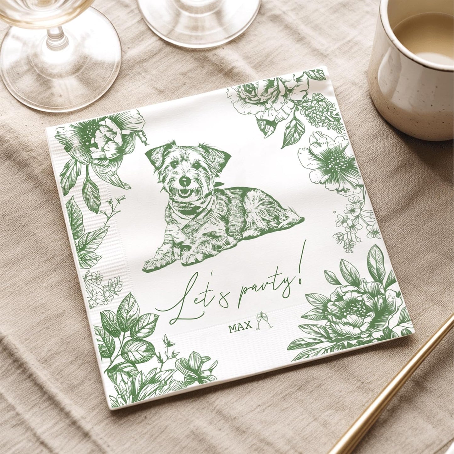 Luxury Personalized Dog Wedding Napkins, Photo Napkins for Dog, Custom Wedding Cocktail Napkin, Blue Floral Cocktail Napkin, Paper for Pet Lovers, Bridal, Engagement Party, Bridal Shower