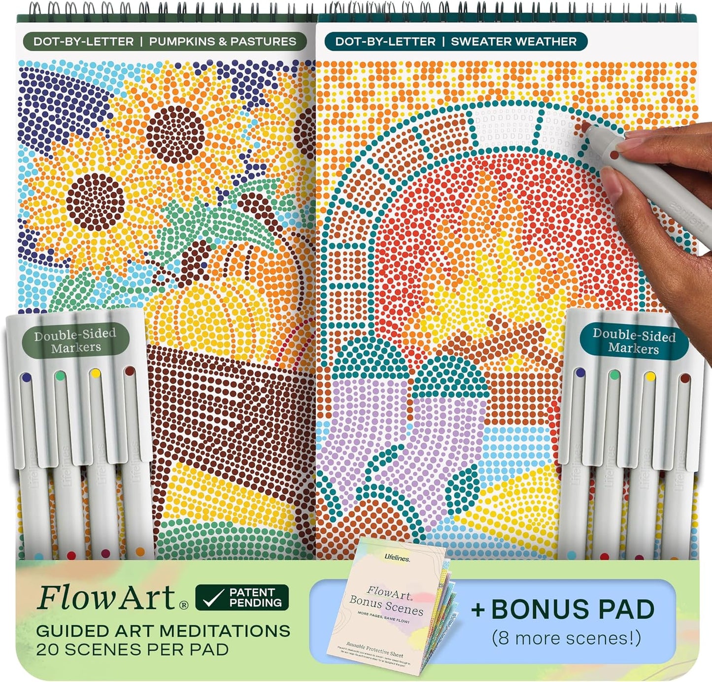 Lifelines FlowArt Activity Pad, 2-Pack Fall Set + Bonus Pad - Guided Dot-by-Letter Art Meditations with Markers - Color by Number/Letter and More Coloring Books for Teens, Adults & Seniors