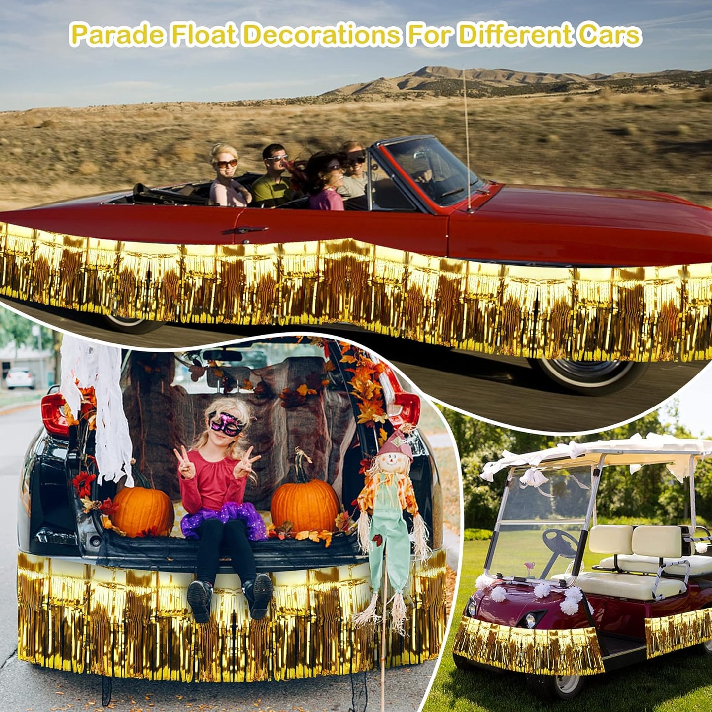 4 Pack Iridescent Float Fringe Curtains, Metallic Foil Fringe Garland Shiny Tassel Foil Float Parade Float Decorations for Trailer Car Graduation Homecoming Outdoor Indoor Party (Gold)