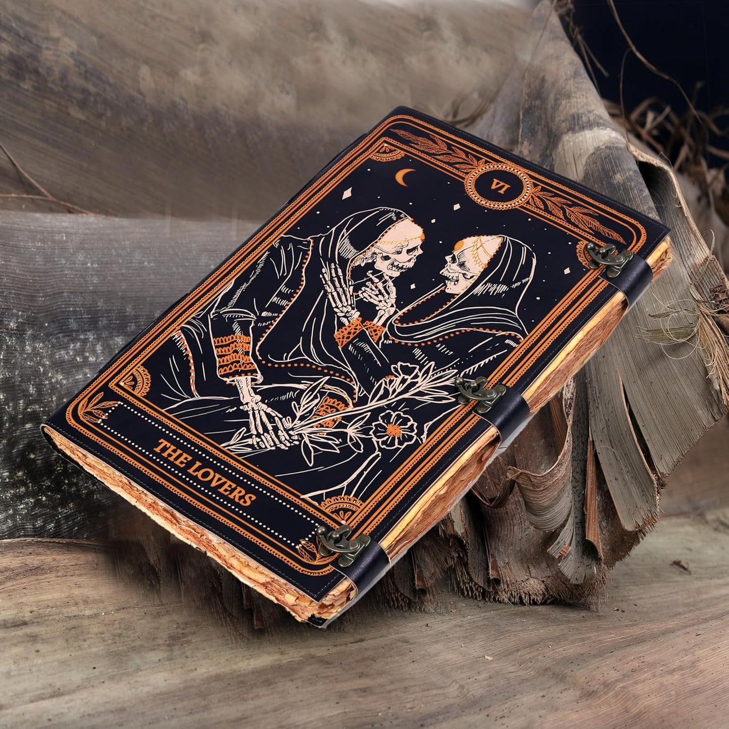 cuero Book of Spells Leather Journal Deckle Edge Paper Grimoire Printed Journal The Lovers Tarot Notebook Spiral Gothic Notebook Skull lover Antique Vintage Leather Journals for Women and Men