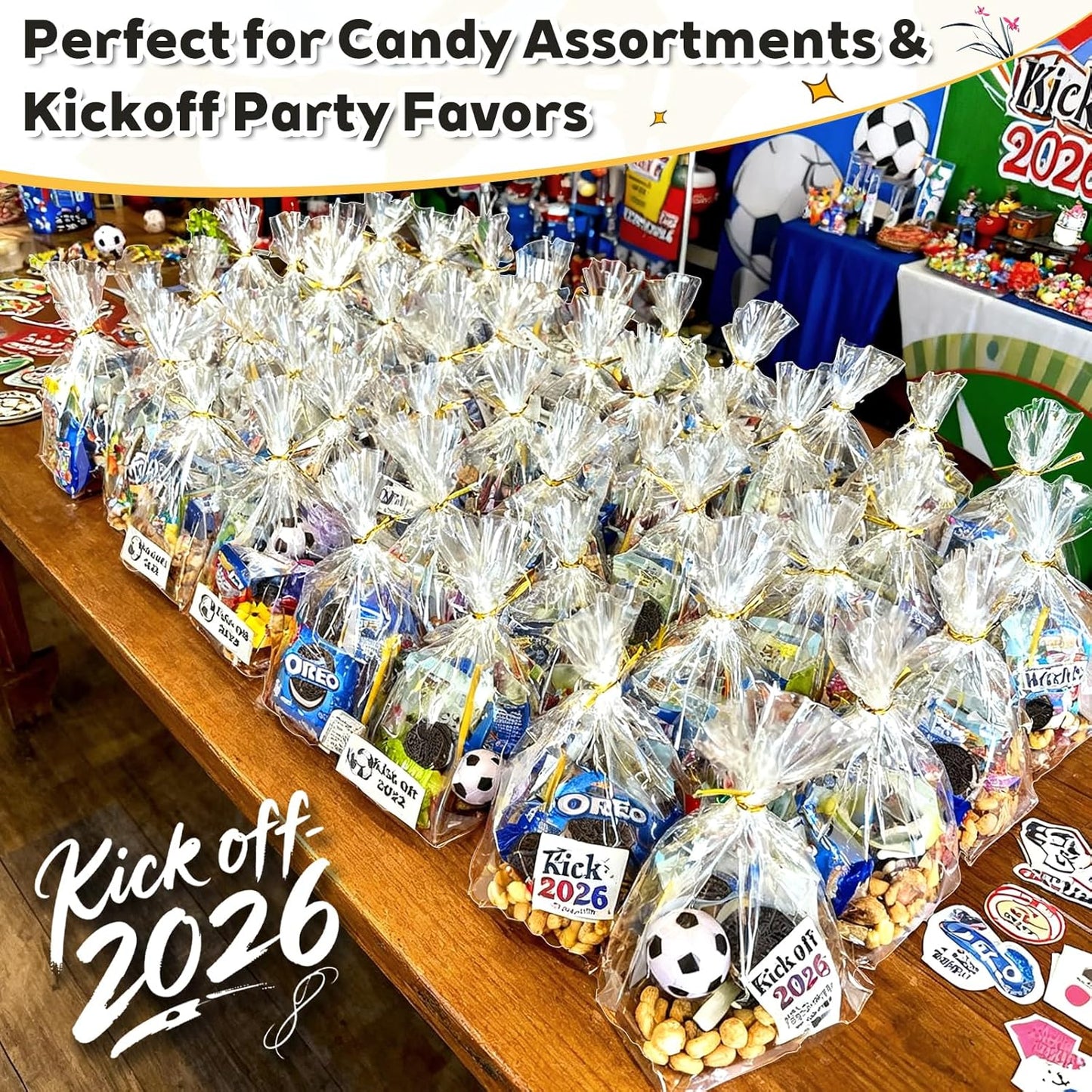 PigPotParty Cellophane Bags 8"x11", 100 Pack Clear Gift Bags, 3.15" Bottom Gusset for Stand-Up Display, Plastic Cellophane Gift Wrap, Ideal for Mugs, Goodies, Treats, Party Favors, Includes Gold Ties