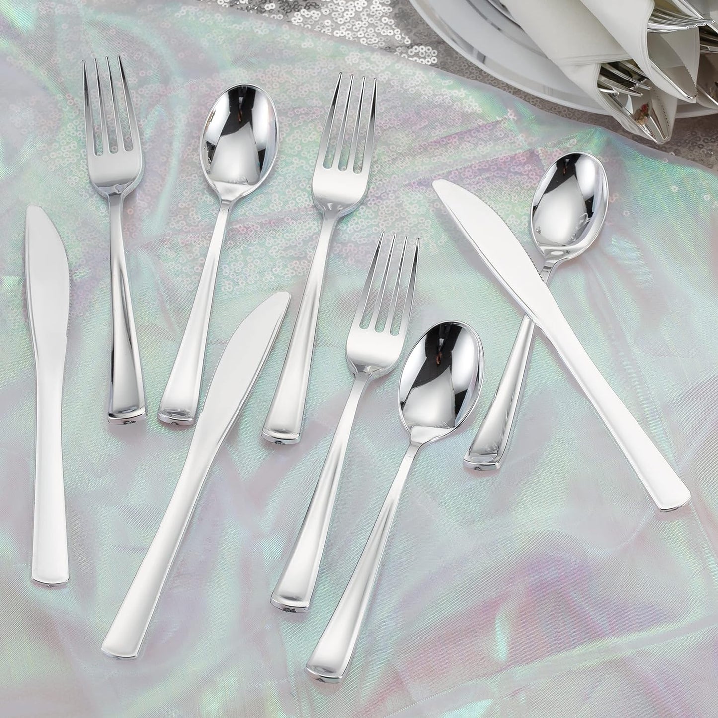 50 Pack Pre Rolled Silver Plastic Silverware Set, Disposable Wrapped Plastic Cutlery Set (50 Forks, 50 Knives, 50 Spoons, 50 Napkins) for Wedding Party