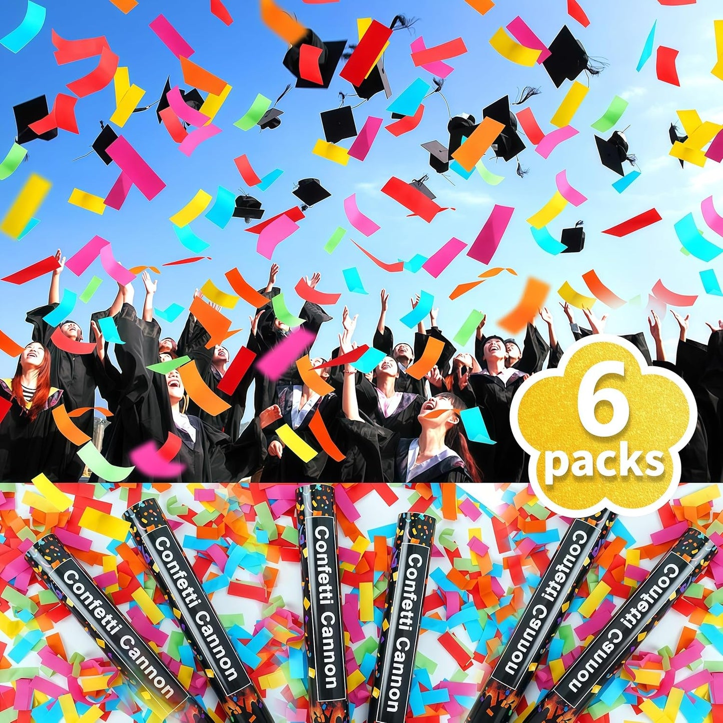 16in Biodegradable Confetti Poppers,Confetti Cannons Bulk with Colorful Confettis Design for Ceremony Party Favor Supplies,Birthday Holiday,Halloween Thanksgiving,Christmas,New Year's Eve(6Pack)