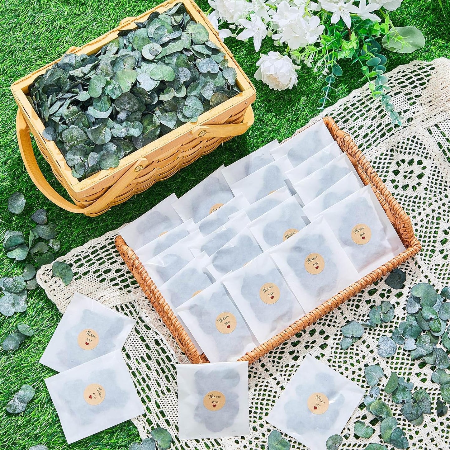 Biodegradable Confetti 10.58 Oz eucalyptus leaves Dried Flower Petals with Throw Me Stickers Confetti Biodegradable Flower Petals for Valentines Decor(Eucalyptus Leaves,Multi Color,55 Pcs)