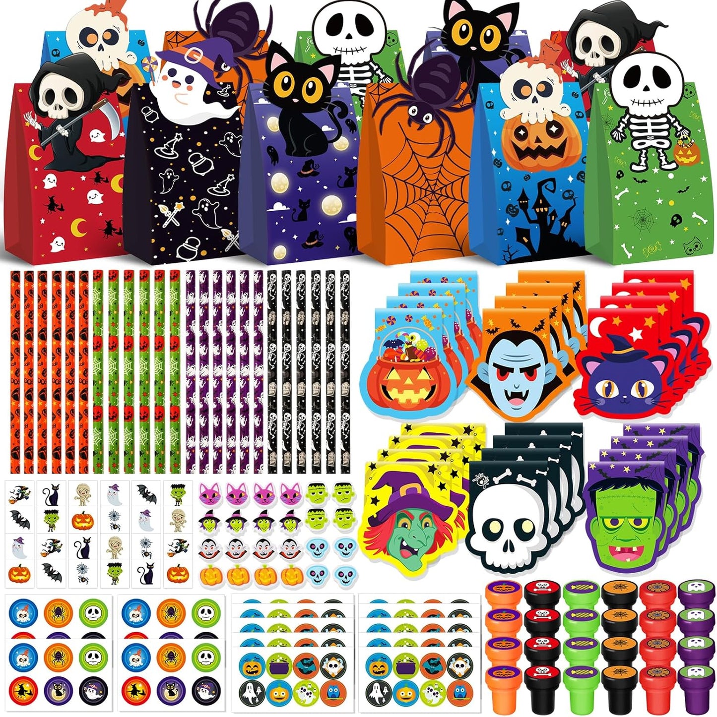 Halloween Party Favors for Kids,192pcs Halloween Stationery gift kit,Halloween Miniatures Prizes,Trick or Treat Goodie Bag Fillers including Notepad, Stamper, Sticker, Pencil, Eraser, Tattoo sticker