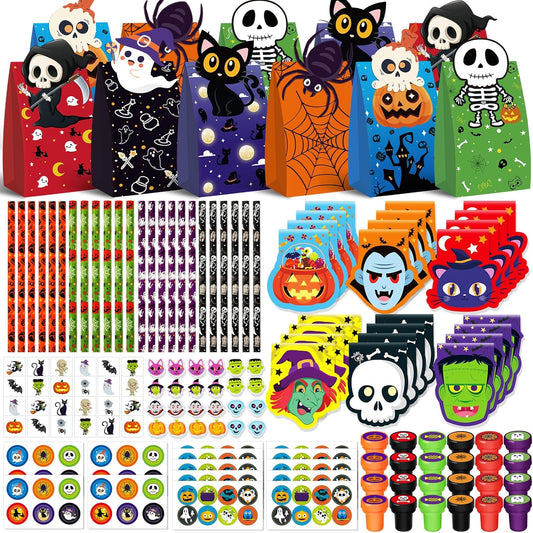 Halloween Party Favors for Kids,192pcs Halloween Stationery gift kit,Halloween Miniatures Prizes,Trick or Treat Goodie Bag Fillers including Notepad, Stamper, Sticker, Pencil, Eraser, Tattoo sticker