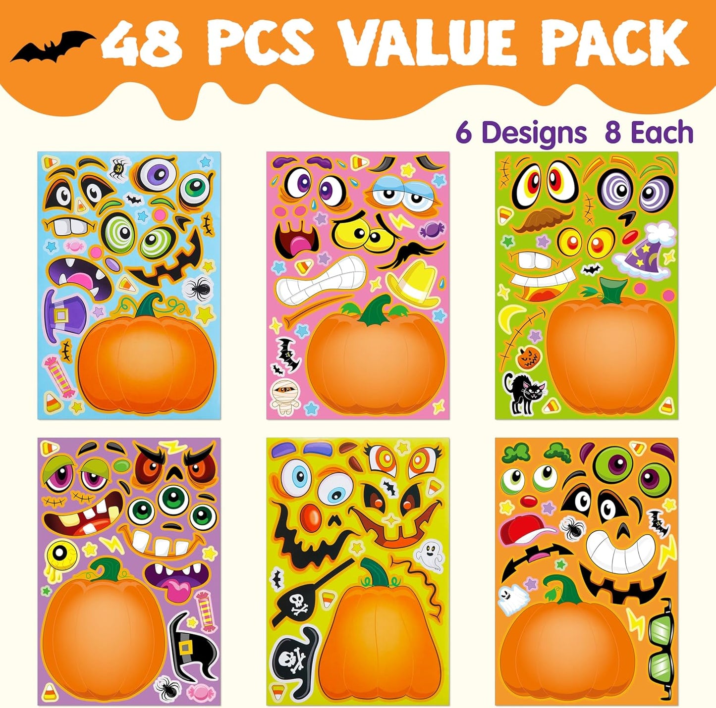 JOYIN 48 Pcs Halloween Pumpkin Stickers for Kids, Halloween Party Favor, Craft Party Supplies, Funny Sticker with Different Pumpkin Design, Classroom Activities Games Goodies Treat Gifts（Age 3+）