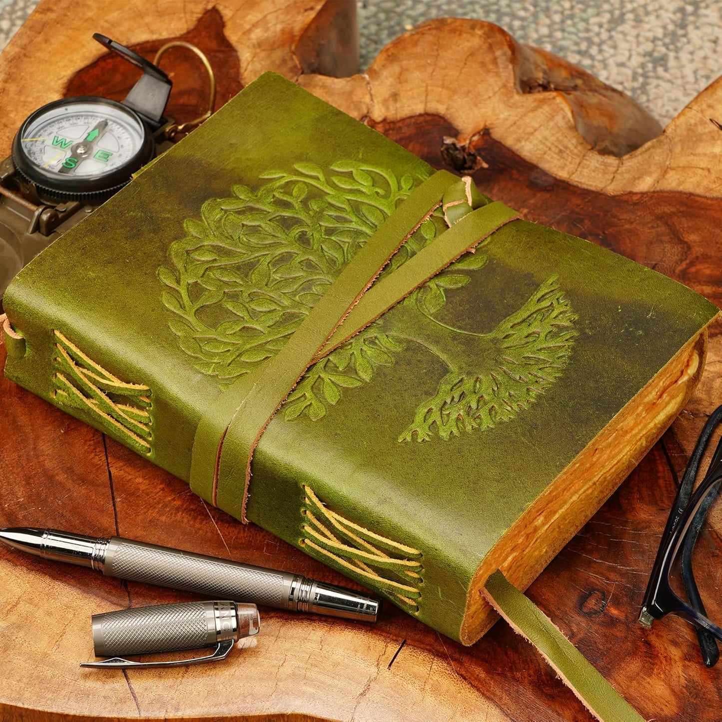 LUXEORIA Tree Of Life Leather Journal for Women and Men, Handcrafted Leather Journal for Writing Womens, Sketchbook, Travel Diary with Unlined Deckle Paper, Mint Green 6x8