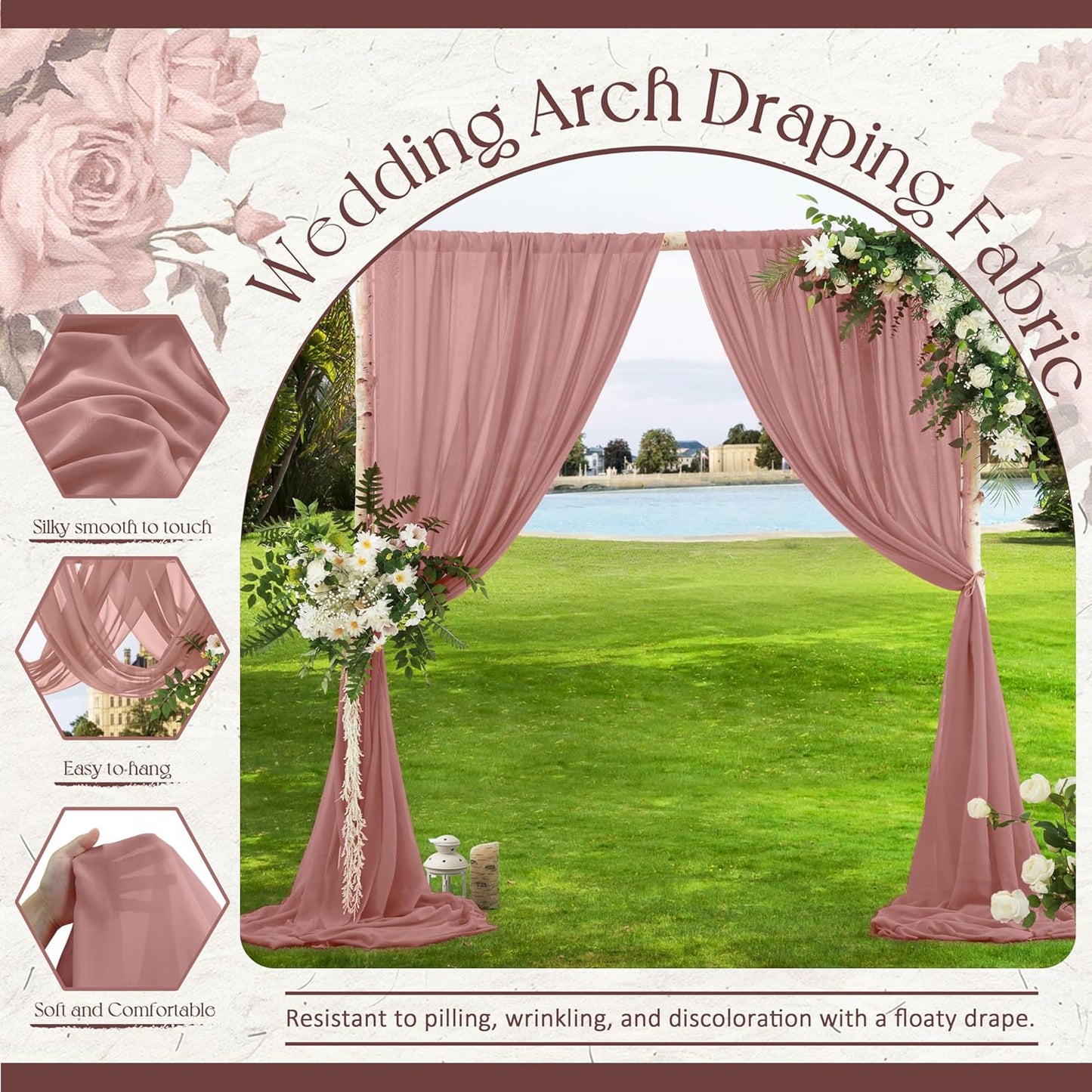 VACVELT Wedding Arch Draping Fabric Dusty Rose Chiffon, 2 Panels Sheer Drapes 30 Inch x 20ft Chiffon Backdrop Curtain Decor, Outdoor Sheer Drapery for Ceremony Party