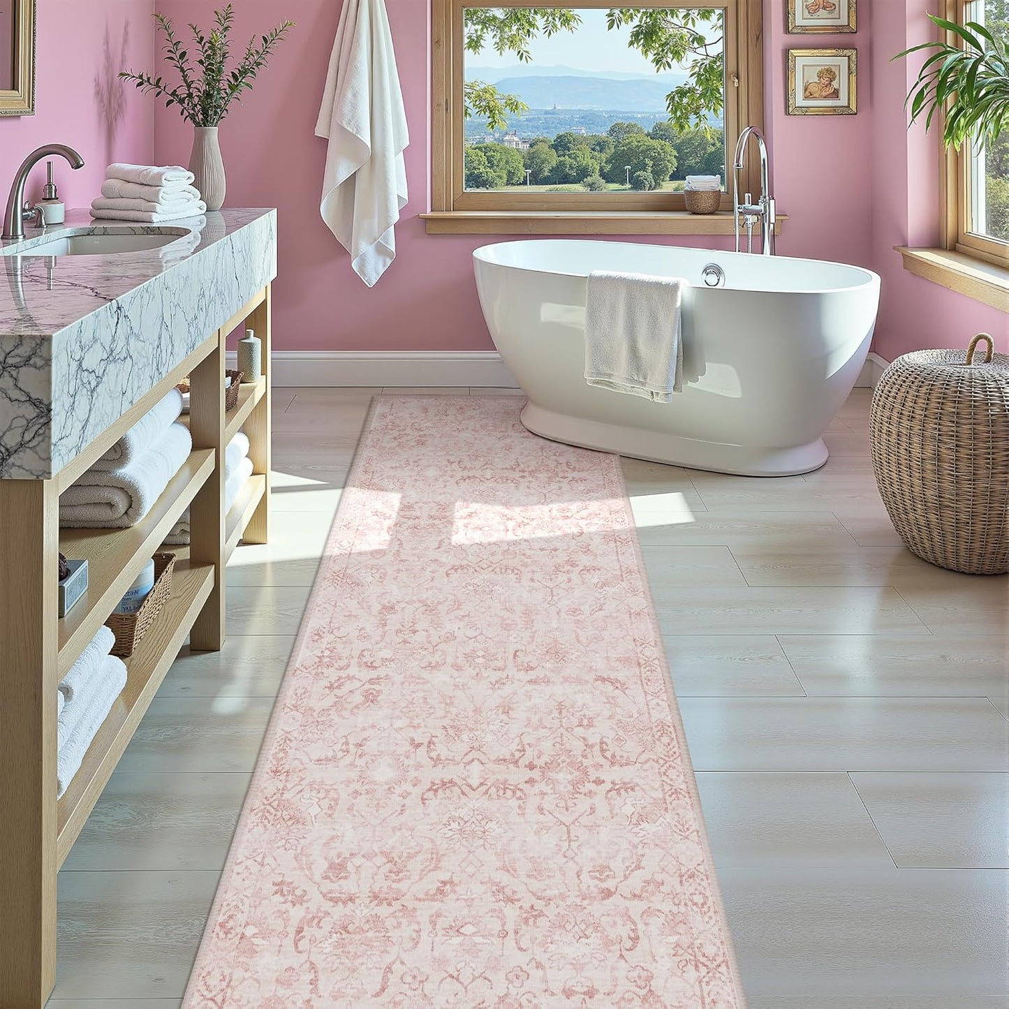 Pink 3x12 Runner Rug for Hallways Bed Side Kitchen, Boho Washable Distressed Low-Pile Floor Entryway Long Bathroom Mat, Non-Slip Laundry Room Washstand Front Carpet Green 36x144 Inch