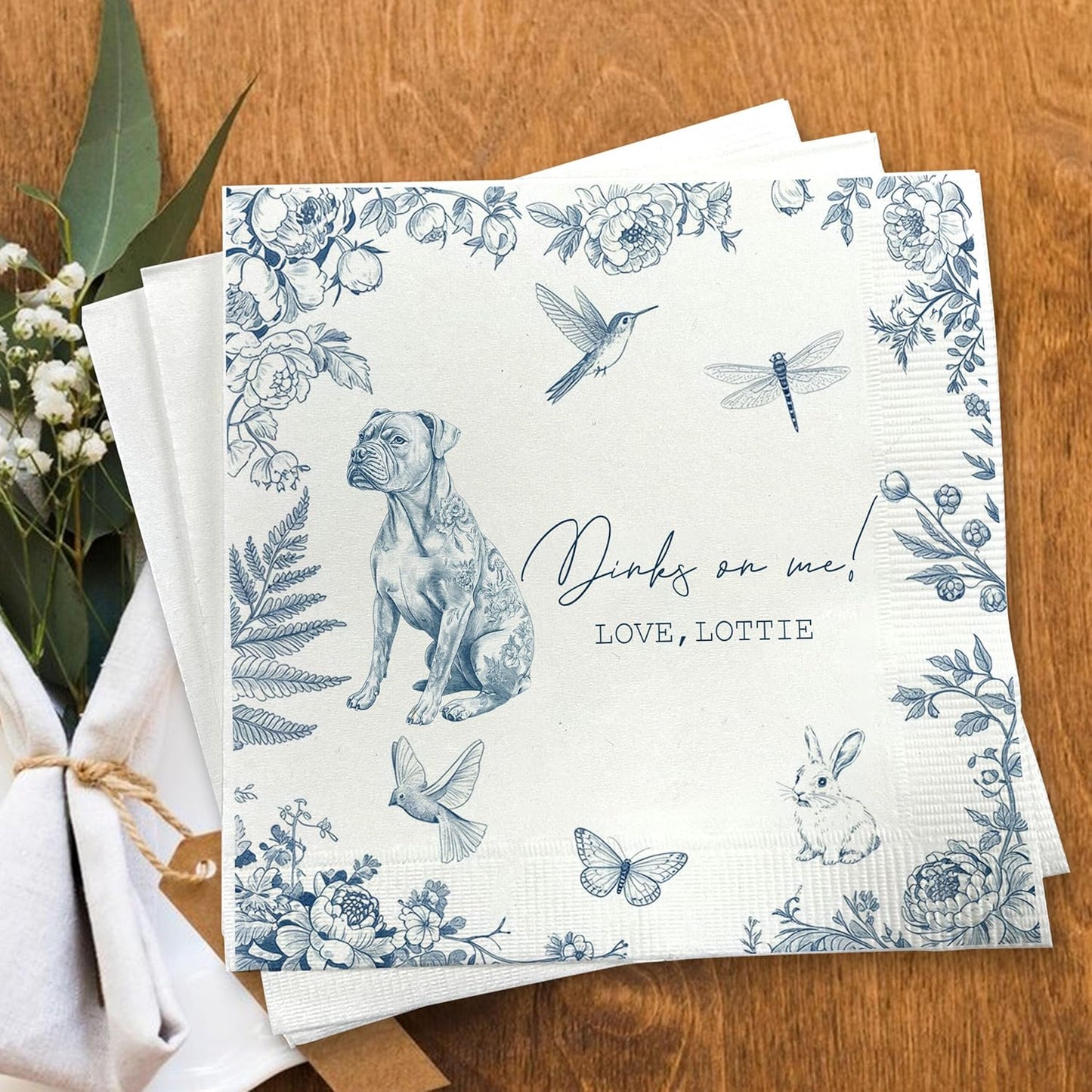 Luxury Personalized Dog Wedding Napkins, Custom Wedding Cocktail Napkins, Blue Floral Cocktail Napkin, Napkin for Pet Lovers, Anniversary, Bridal, Engagement Party, Bridal Shower