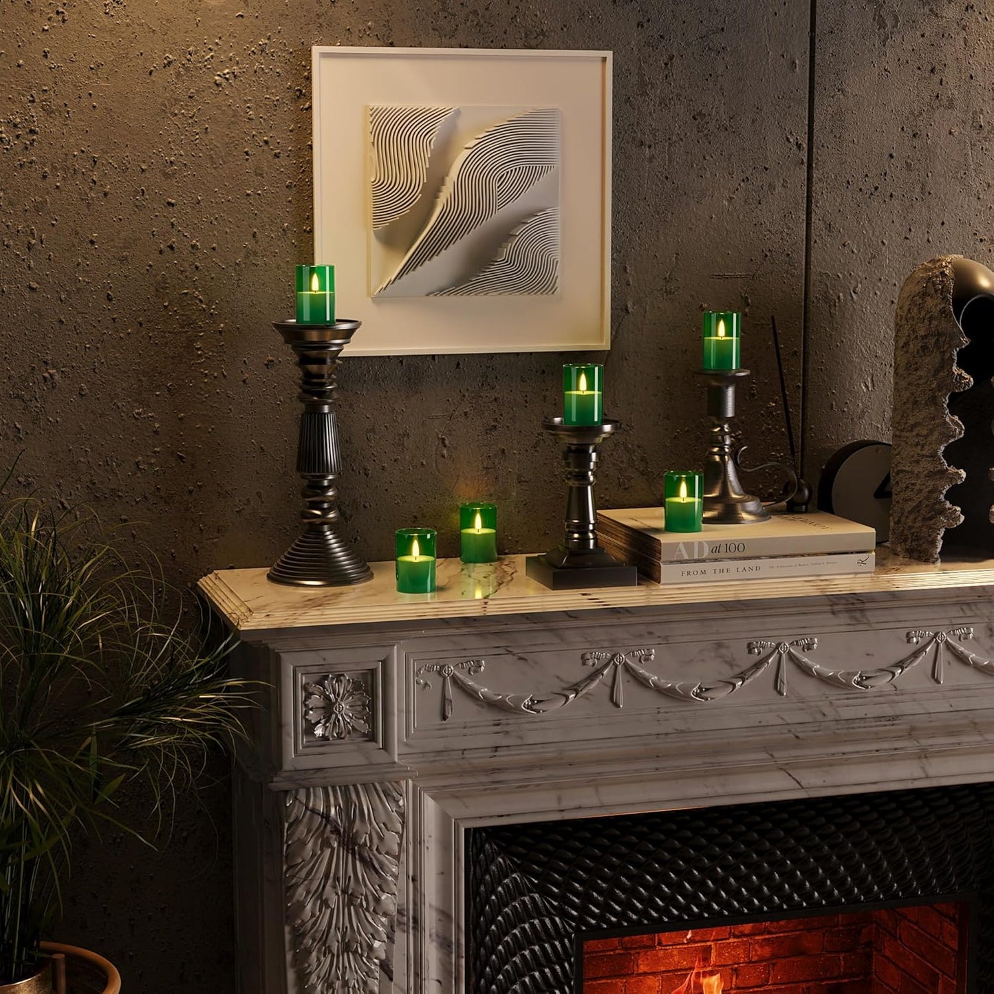 6Pack Flickering Flameless LED Candles with Timer, Battery Powered - Small Pillar & Votive, Green (2"X3")