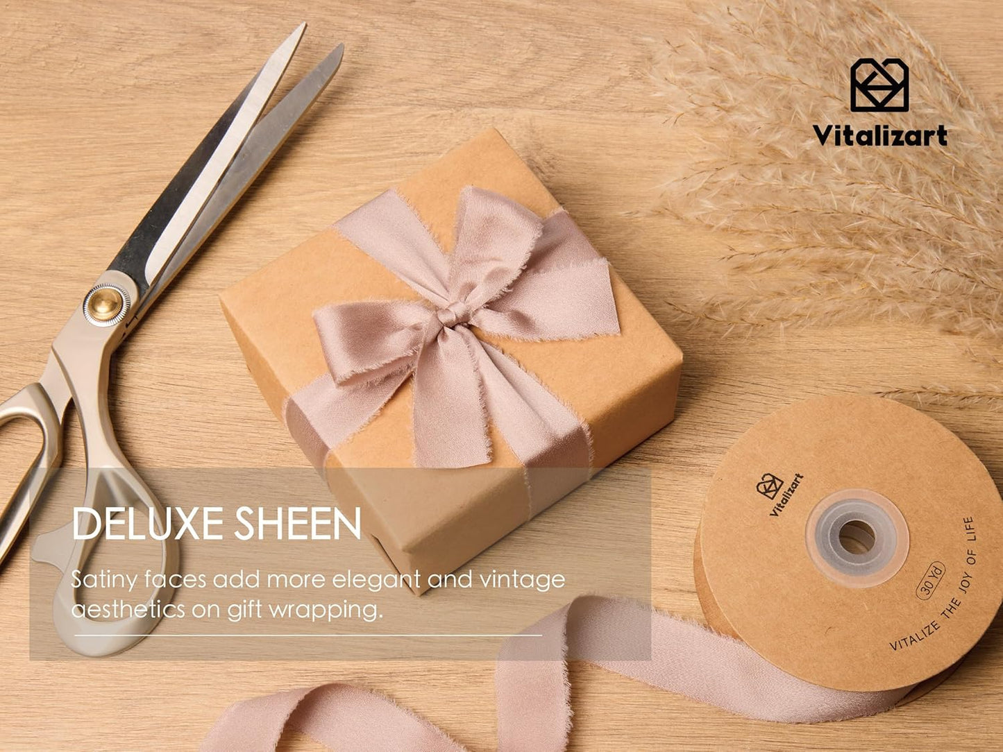 Vitalizart Silk Satin Ribbon 1 inch x 30 Yard Nude Handmade Frayed Ribbons for Gift Wrapping Baby Shower Wedding Bridal Bouquets Holiday Decor