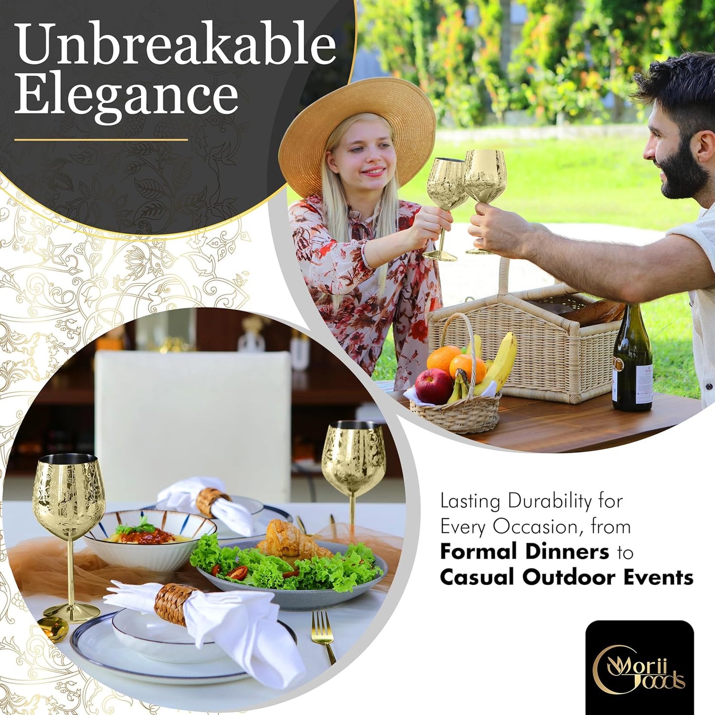 Stainless Steel Wine Glasses - Set of 2 Etched 16 oz Metal Goblets, Unbreakable Gold Cups for Camping, Travel, Outdoor Events, Picnics, Luxury Wine Gifts for Women and Men