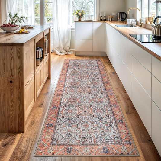 Bloom Rugs Washable Non-Slip 12 ft Runner - Orange Traditional Bordered Runner for Entryway, Hallway, Bathroom, and Kitchen - Exact Size: 2.5' x 12'