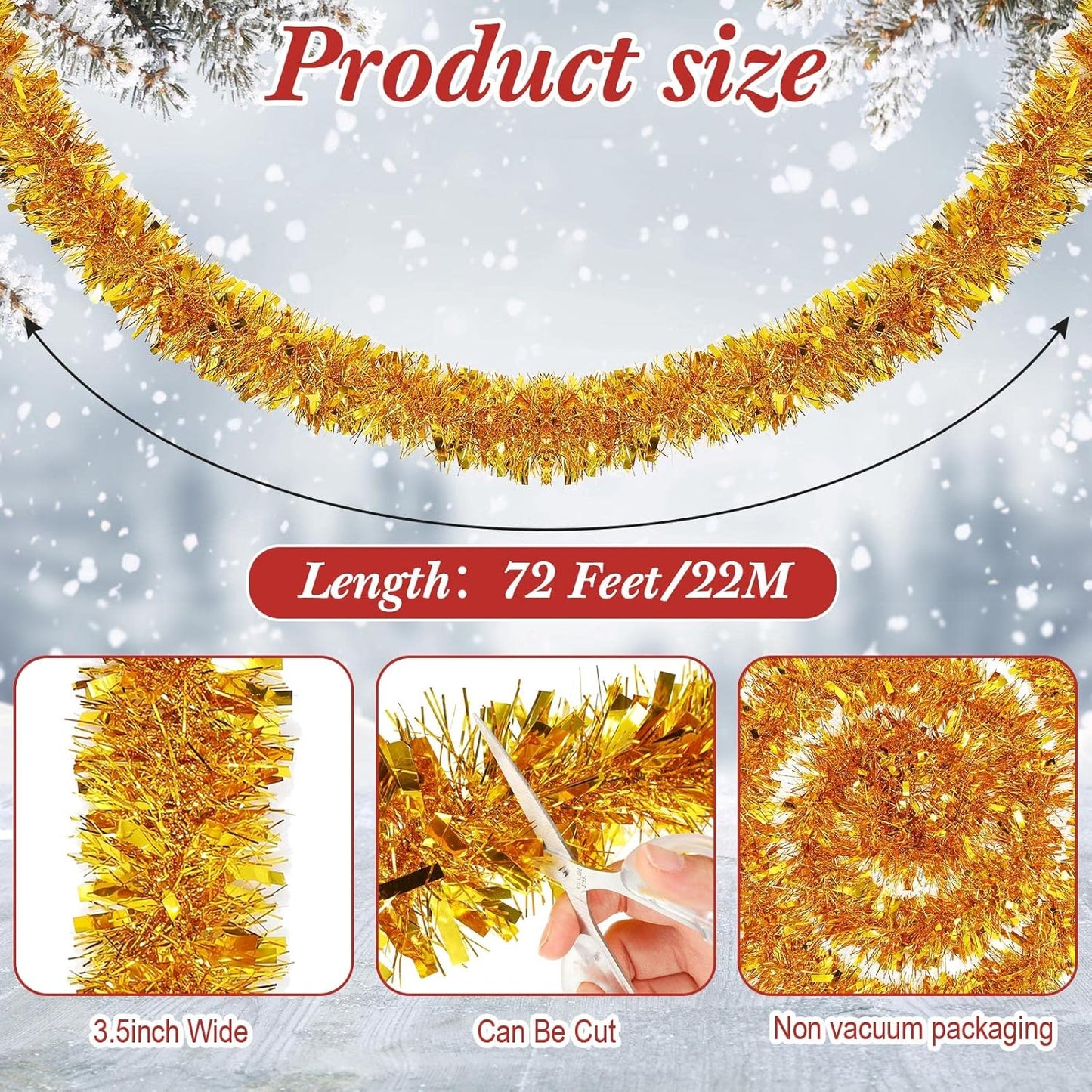 72 Feet Christmas Tinsel Garland Shiny Metallic Tinsel Twist Garland Streamers Ornaments Long Glitter Christmas Tree Hanging Decorations for Party Holiday Wedding Birthday Tree Wall Rail (Gold)