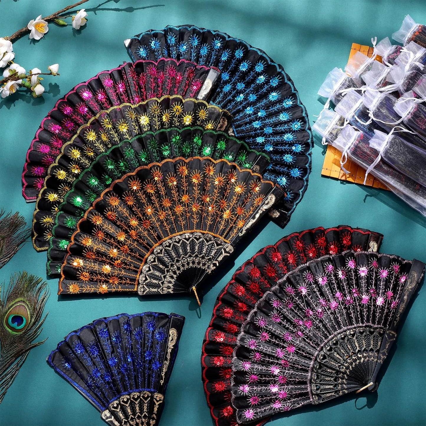 Geetery 30 Pcs Folding Hand Fan for Line Dancing Spanish Boots on The Ground Fans Gifts Bulk Colorful Silk Popping Rave for Women Tea Party Wedding Church Halloween Costume(Embroidery,Vintage Colors)
