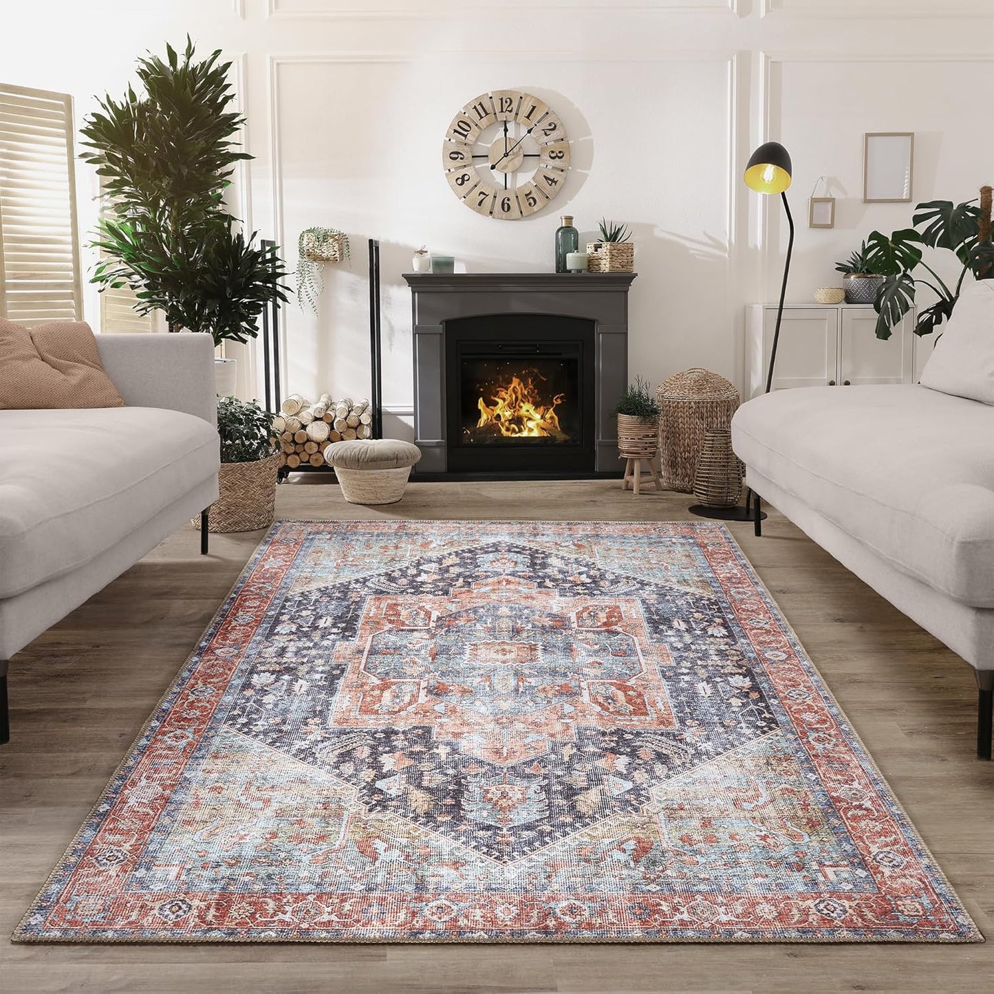 Bloom Rugs Washable Non-Slip 3' x 5' Rug - Terracotta/Blue Traditional Medallion Area Rug for Living Room, Bedroom, Dining Room, and Kitchen - Exact Size: 3' x 5'